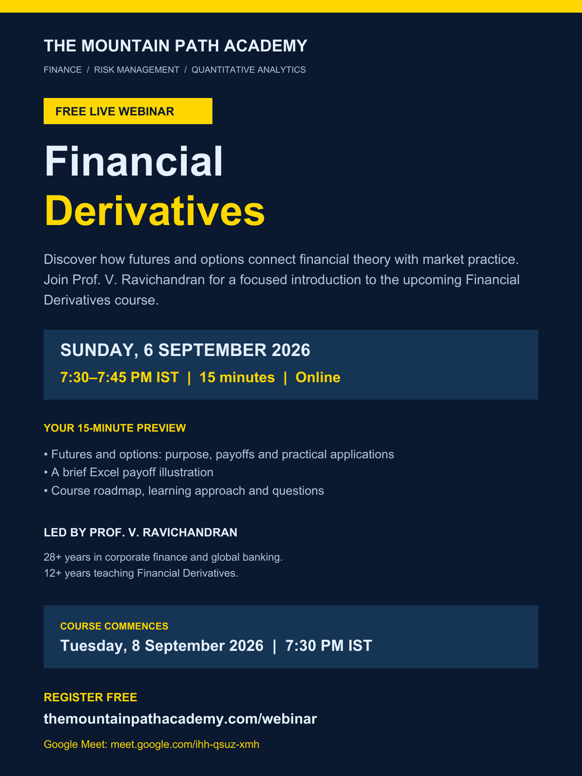 Free Financial Derivatives webinar on Sunday 6 September 2026 at 7:30 PM IST — The Mountain Path Academy